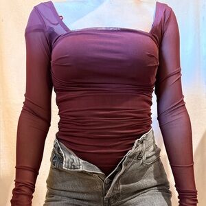 Long Sleeve Square Neck Ruched Bodysuit - Burgundy